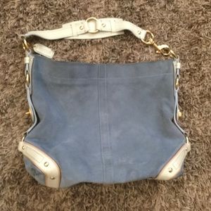 Suede COACH purse trimmed in snake embossed leather